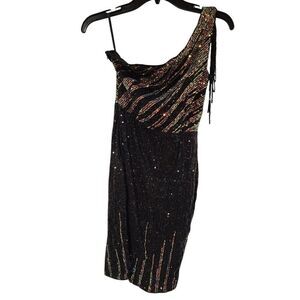 Women’s Black Sequin One Shoulder Bodycon Party Dress Cut Out Slit Formal